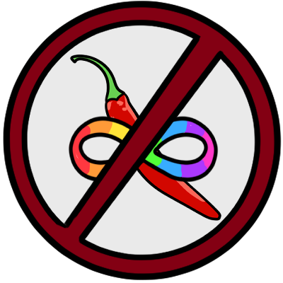  a stylised neurodiversity symbol (a rainbow infinity sign) over a red chili. they are in a crossed-out circle, like a 'not permitted' sign, with a white background.